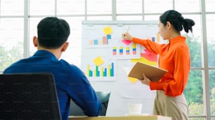 Young woman explains business data on white board in casual office room . The confident Asian businesswoman reports information progress of a business project to partner to determine market strategy .