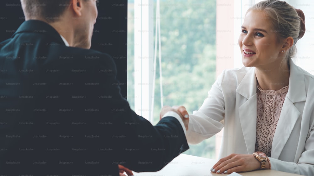 Job seeker in job interview meeting with manager and interviewer at corporate office. The young interviewee seeking for a professional career job opportunity . Human resources and recruitment concept.