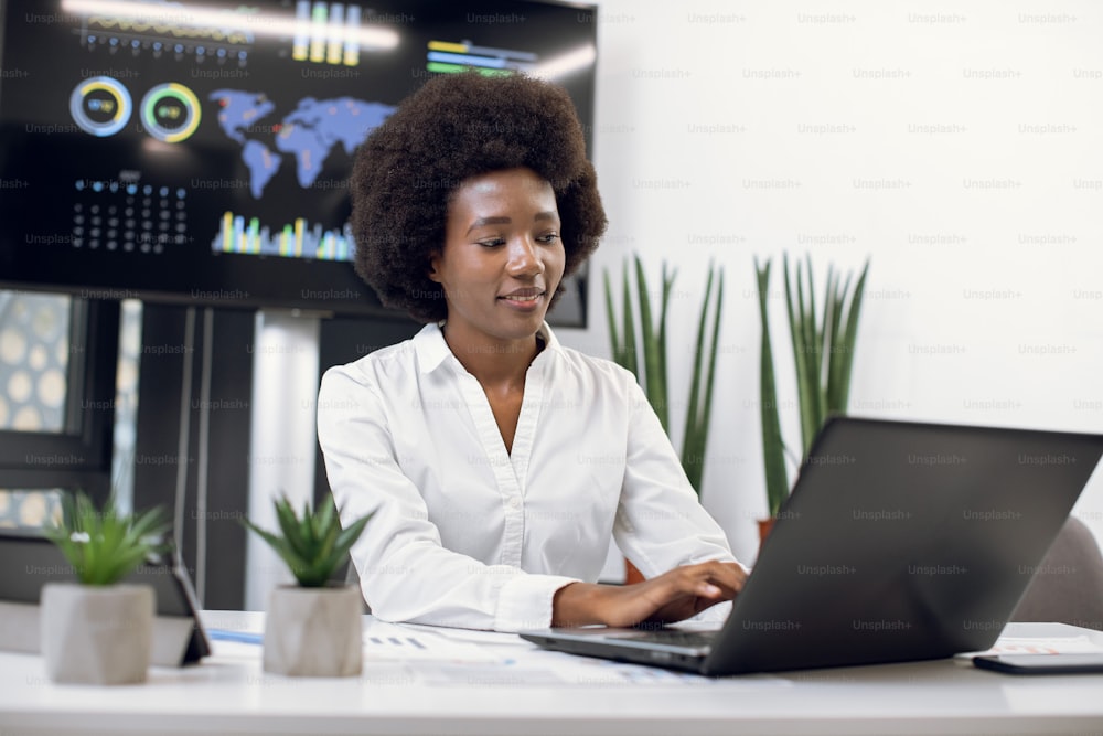 Front view of beautiful smiling concentrated African business lady wearing white formal shirt, with afro hairstyle, which typing on laptop in modern office. Digital wall screen behind.