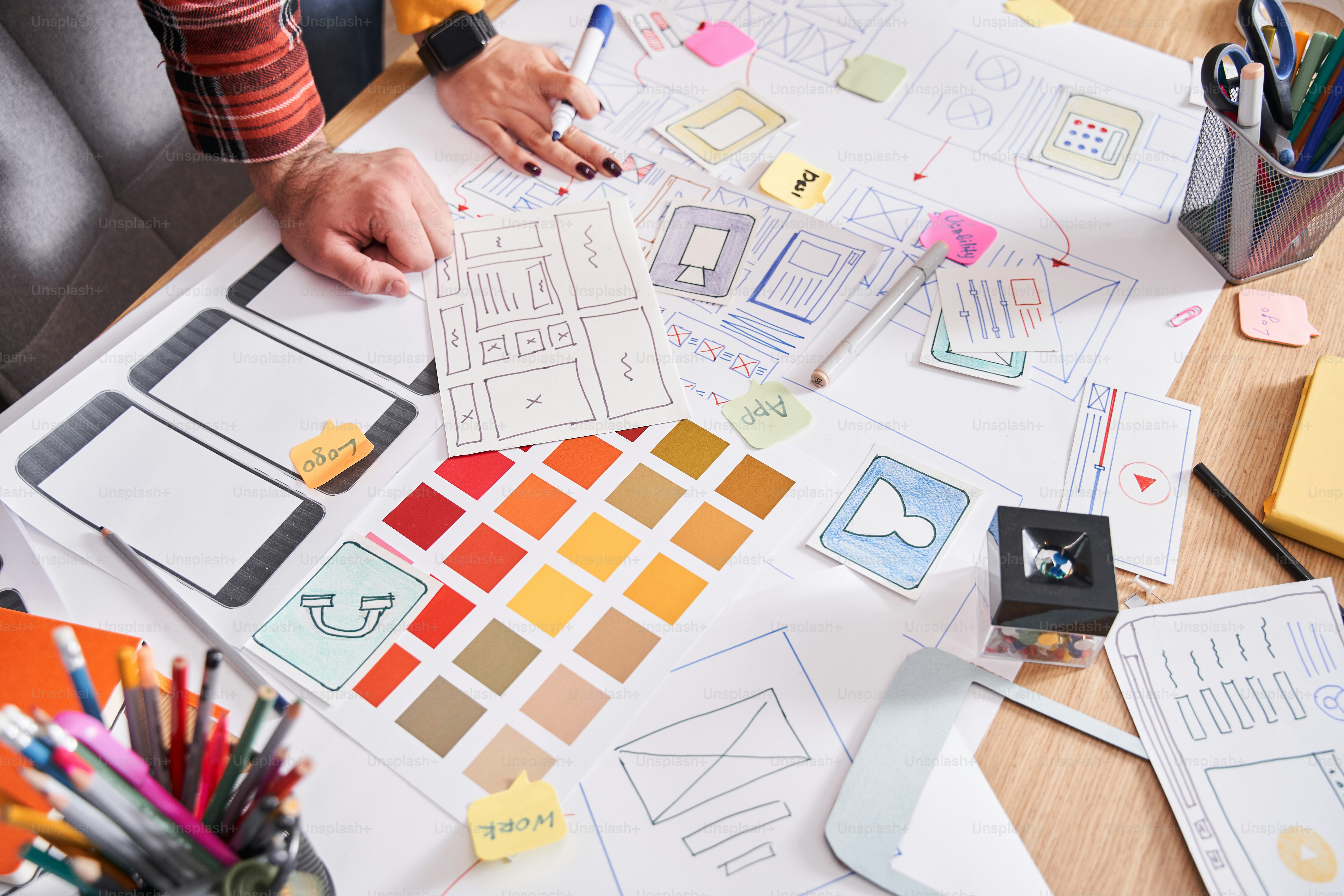 Designer of web resources. Web designers creating a landing page layout of the mobile application according to the briefing. Making a detailed prototype of a mobile app. Selection of color in web design concept