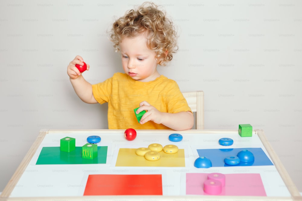 Niño pequeño jugando con juguetes de aprendizaje en casa o jardín de infantes. Clasificación de bebés, organización de objetos, bloques con colores específicos. Educación en la primera infancia. Actividad de desarrollo del cerebro de la mano de los niños para niños en edad preescolar.