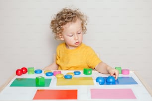 Criança brincando com brinquedos de aprendizagem em casa ou no jardim de infância. Classificação de bebês organizando blocos de objetos com cores específicas. Educação precoce. Crianças atividade de desenvolvimento do cérebro da mão para pré-escolares.