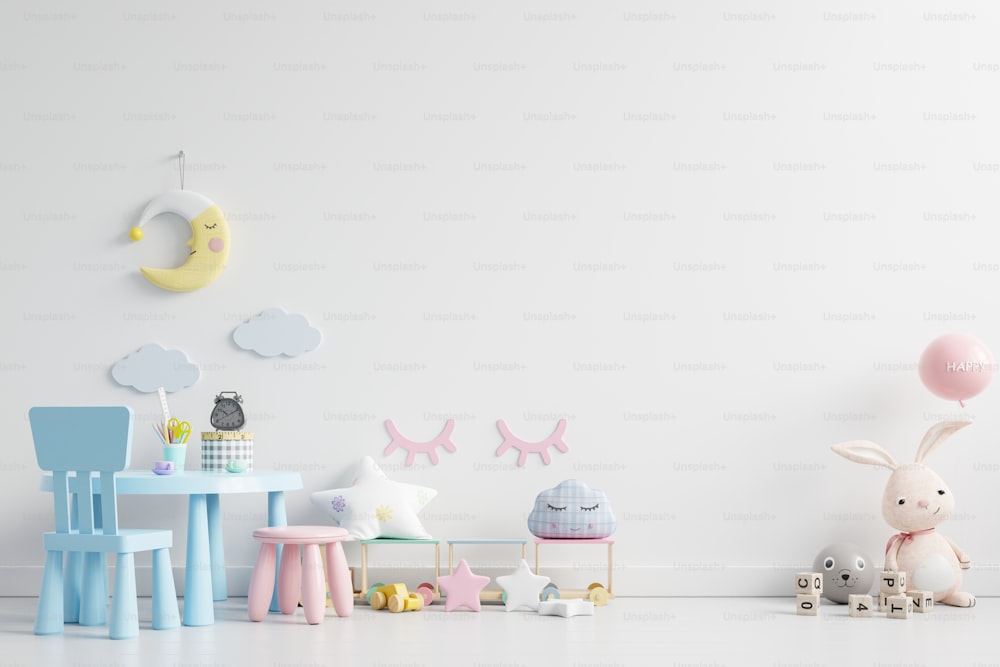 Maqueta de la pared en la habitación de los niños en fondo de pared blanca.3d renderizado