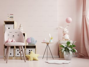Mock up wall in the children's room with chair in light pink color wall background,3d rendering