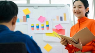 Young woman explains business data on white board in casual office room . The confident Asian businesswoman reports information progress of a business project to partner to determine market strategy .