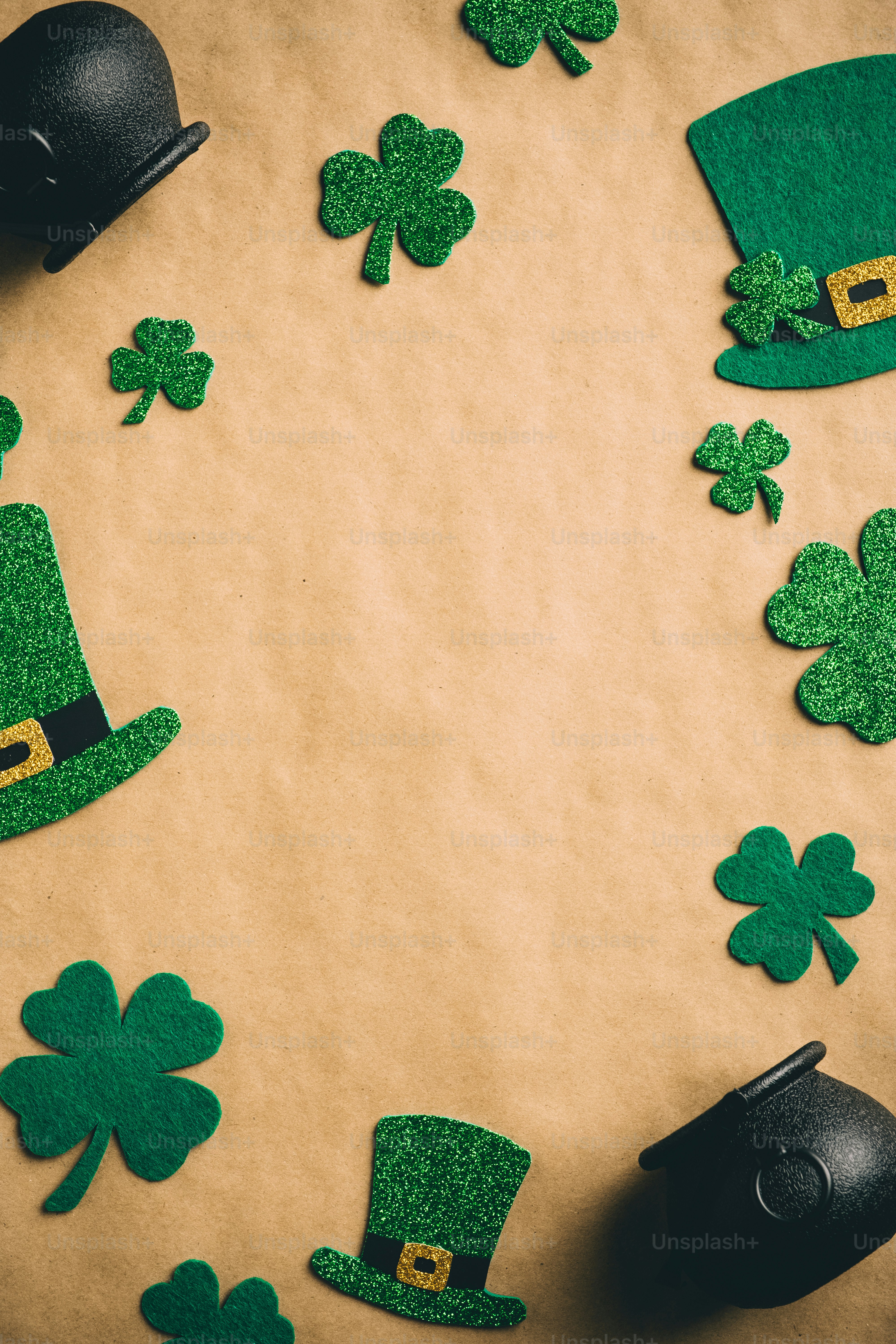 Happy Saint Patrick's Day concept. Flat lay green hats, shamrock clover leaves, pots of gold on kraft paper background. Vintage vertical banner mockup for social media stories, poster template.