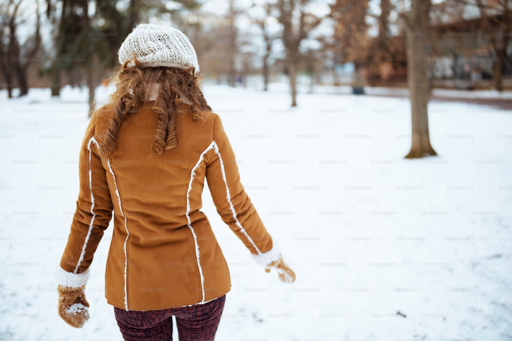 Vu de derrière une femme d’âge moyen avec des mitaines dans un bonnet tricoté et un manteau en peau de mouton marchant à l’extérieur dans le parc de la ville en hiver.