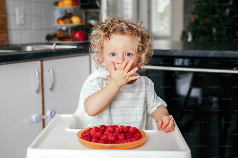 Cute Caucasian baby boy eating ripe red fruits at home. Funny child kid sitting high chair with fresh berries in kitchen. Supplementary healthy finger food for toddler kids.