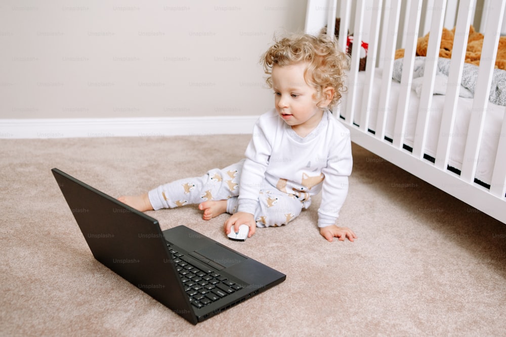 Cute blonde curly toddler baby boy working on laptop. Little kid child using technology. Early age education development. Video chat, video call. Computer screen time for children.