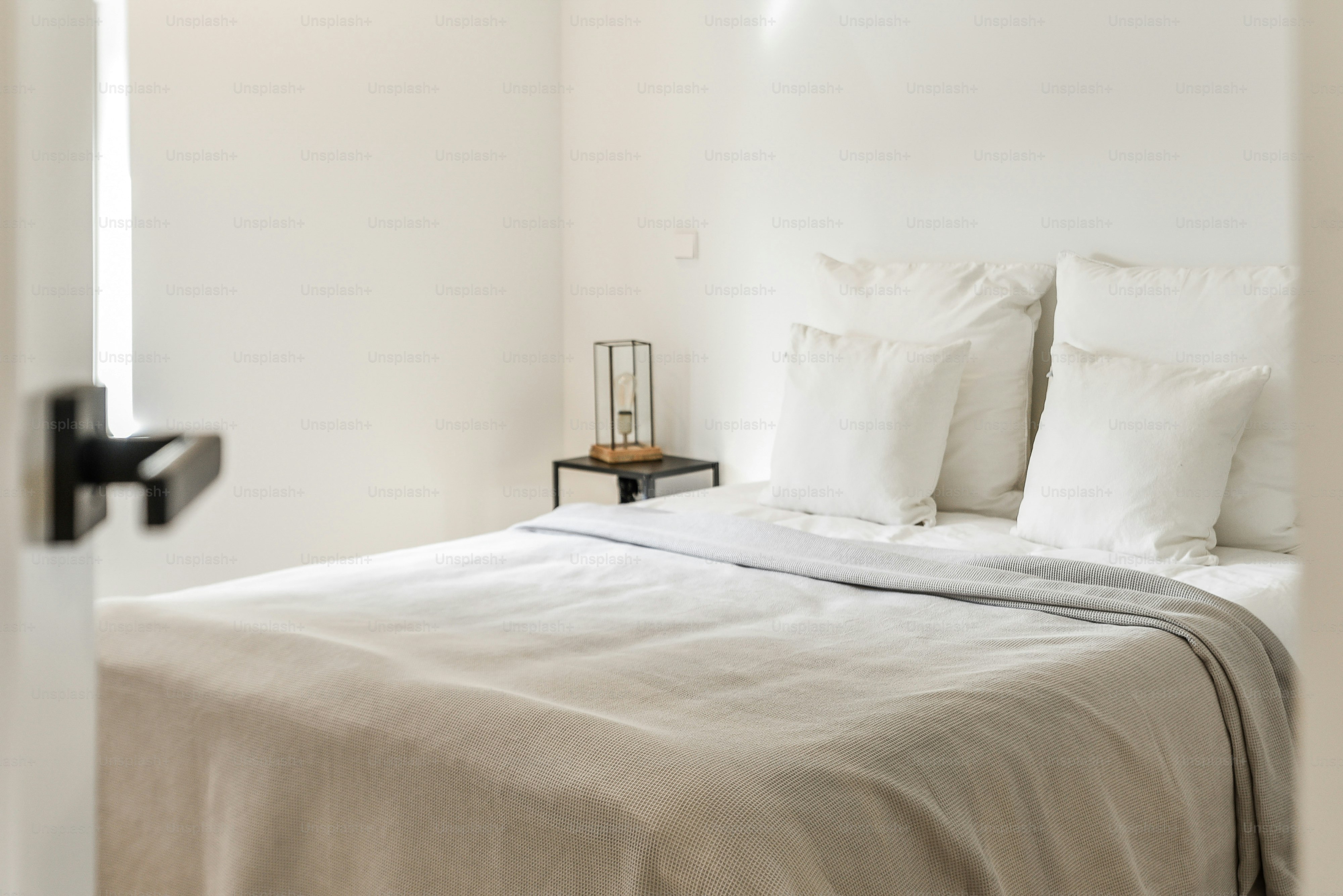 Interior of bright bedroom. Cozy bright bedroom interior. Modern bedroom design
