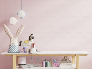 Mock up wall in the children's room in light pink color wall background .3d rendering