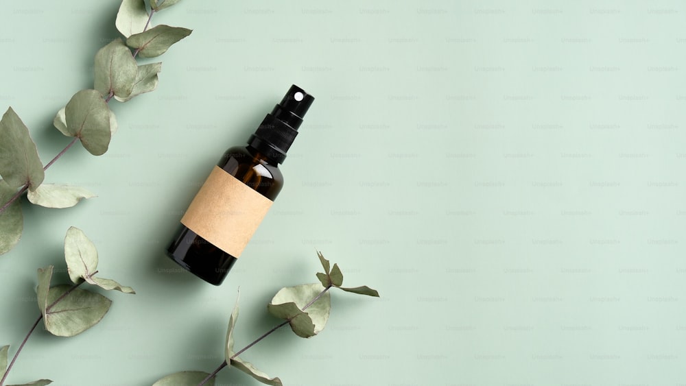 Flacon cosmétique en verre ambré et feuilles d’eucalyptus sur fond vert. Conception d’emballage de produits de beauté à base de plantes SPA, image de marque.