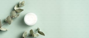 Jar of organic cream with eucalyptus leaves on green background. Flat lay, top view, copy space. Natural organic product, beauty and spa concept