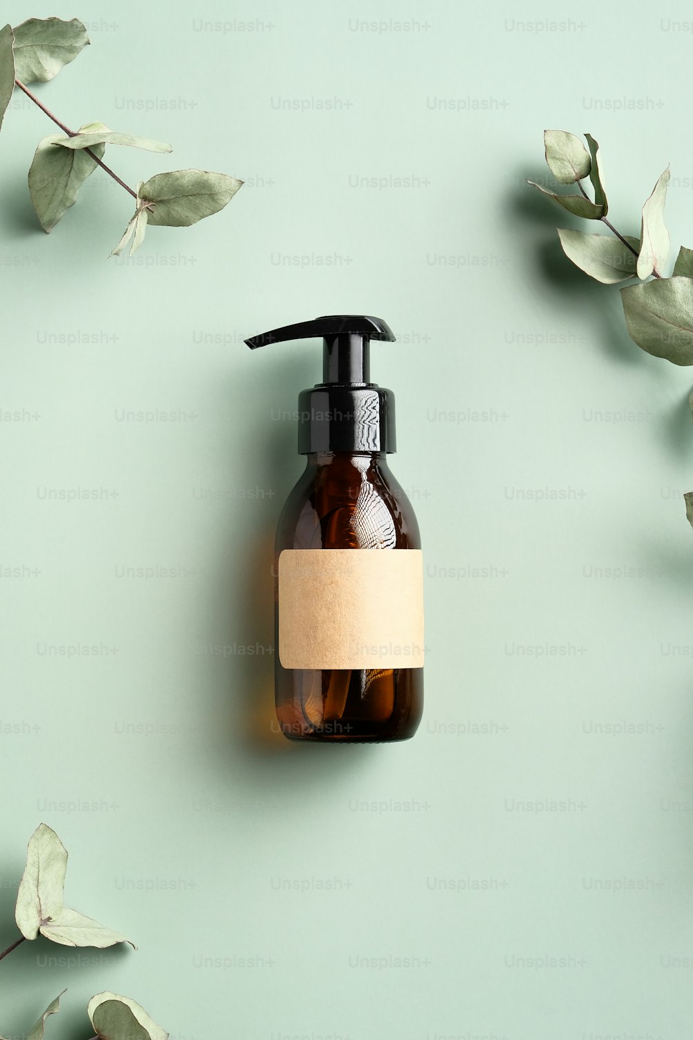 Dark amber glass dispenser bottle with homemade shampoo and eucalyptus leaves on green background. SPA natural organic cosmetic product packaging design, branding.