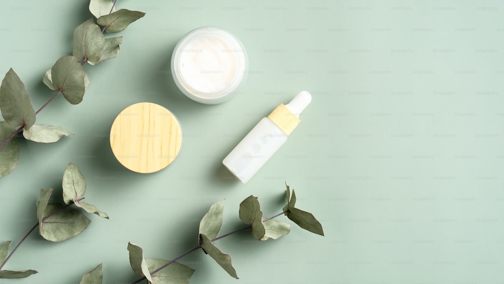SPA natural herbal cosmetics set on green background top view. Flat lay moisturizer cream and face serum with eucalyptus leaves. Facial skincare products concept.