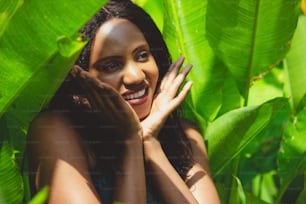 Green Tropical shoot of african american beauty.