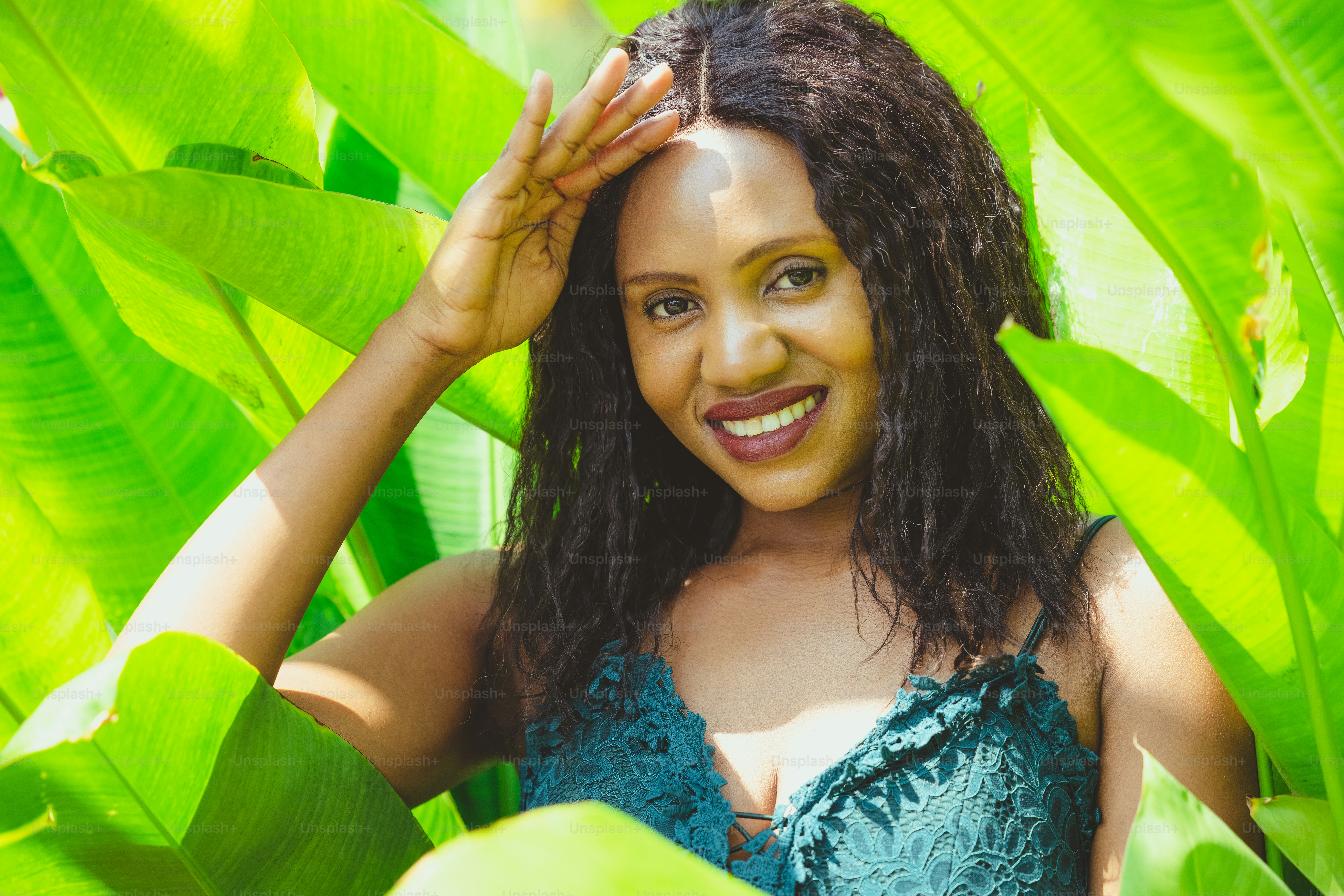Green Tropical shoot of african american beauty.