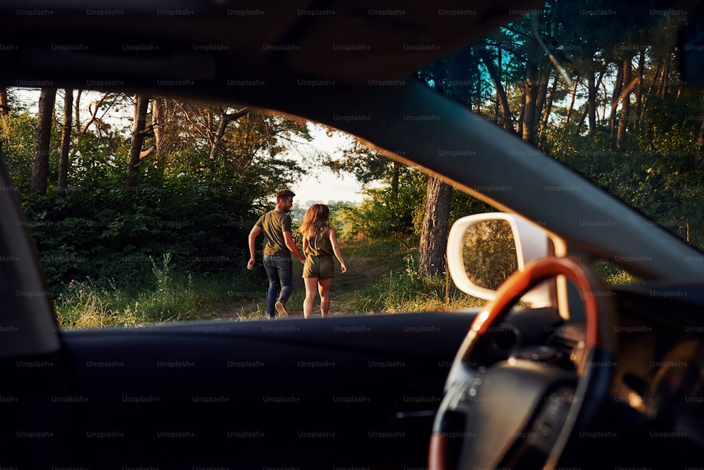 View from the car's interior. Steering wheel, side mirror. Beautiful young couple have a good time in the forest at daytime.