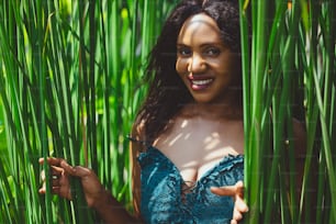 Green Tropical shoot of african american beauty.