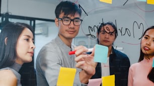 Group of young businessman and businesswoman brainstorming ideas working together sharing data and writing glass wall with sticky notes feeling happy at meeting room in small business office.