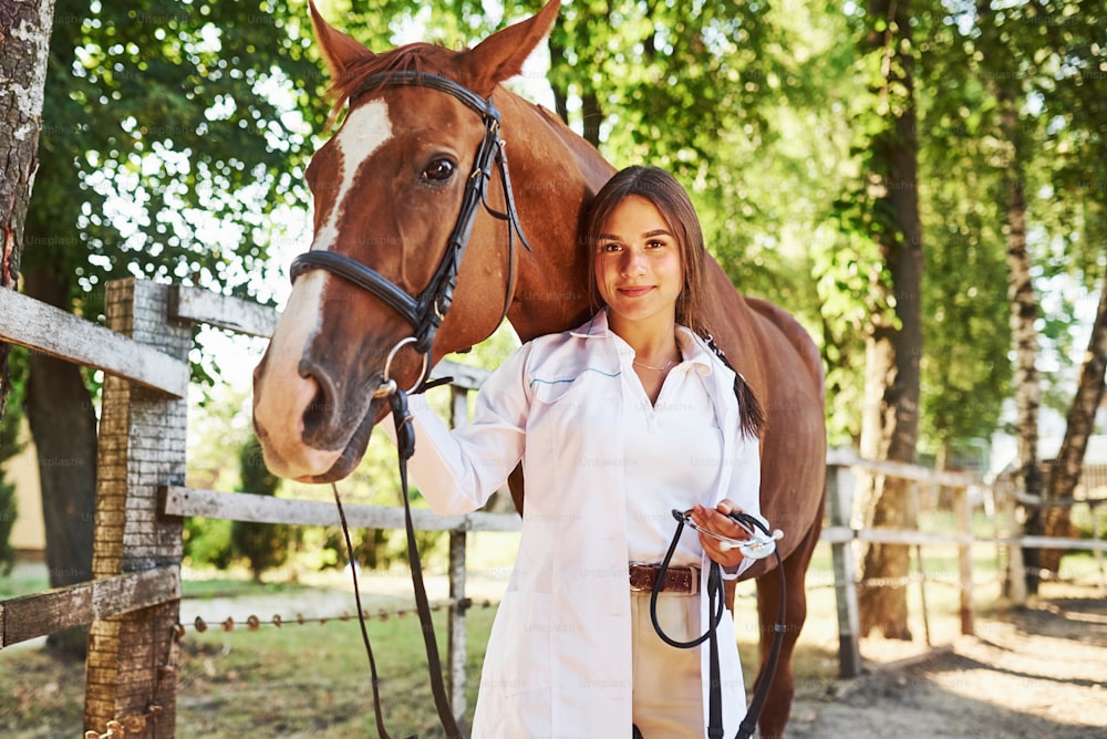 正面図。昼間、牧場の屋外で馬を診察する女性獣医。