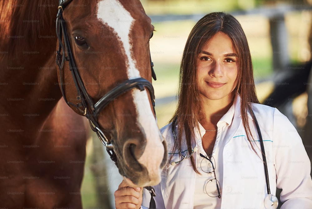 かわいい女の子。昼間、牧場の屋外で馬を診察する女性獣医。