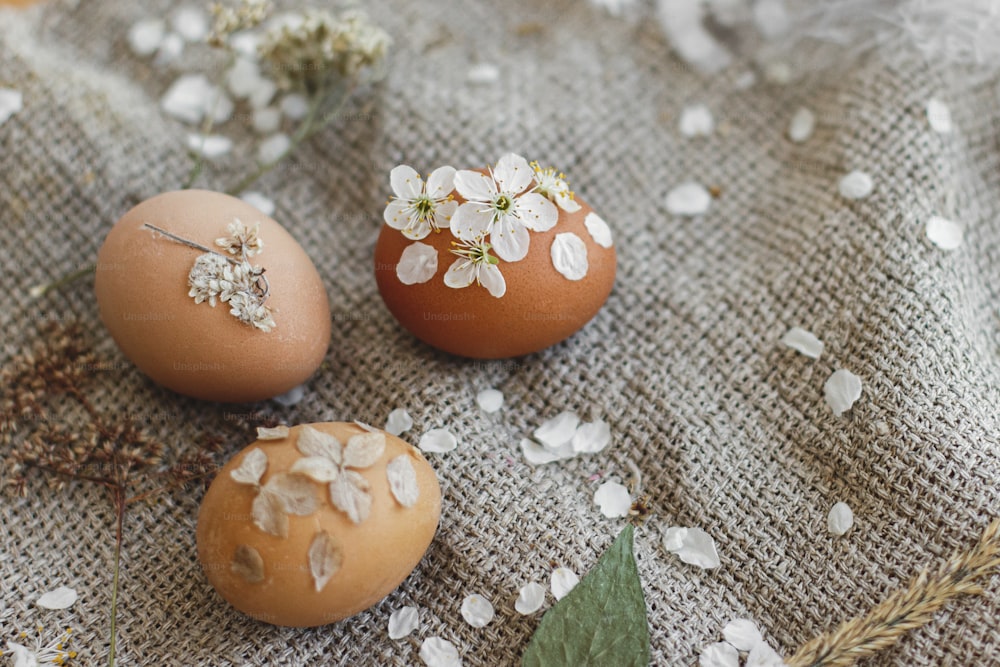 Happy Easter. Stylish Easter eggs decorated with dry flowers and cherry blossom petals on rustic linen napkin with wildflowers and herbs. Creative natural eco friendly decor of eggs. Greeting card