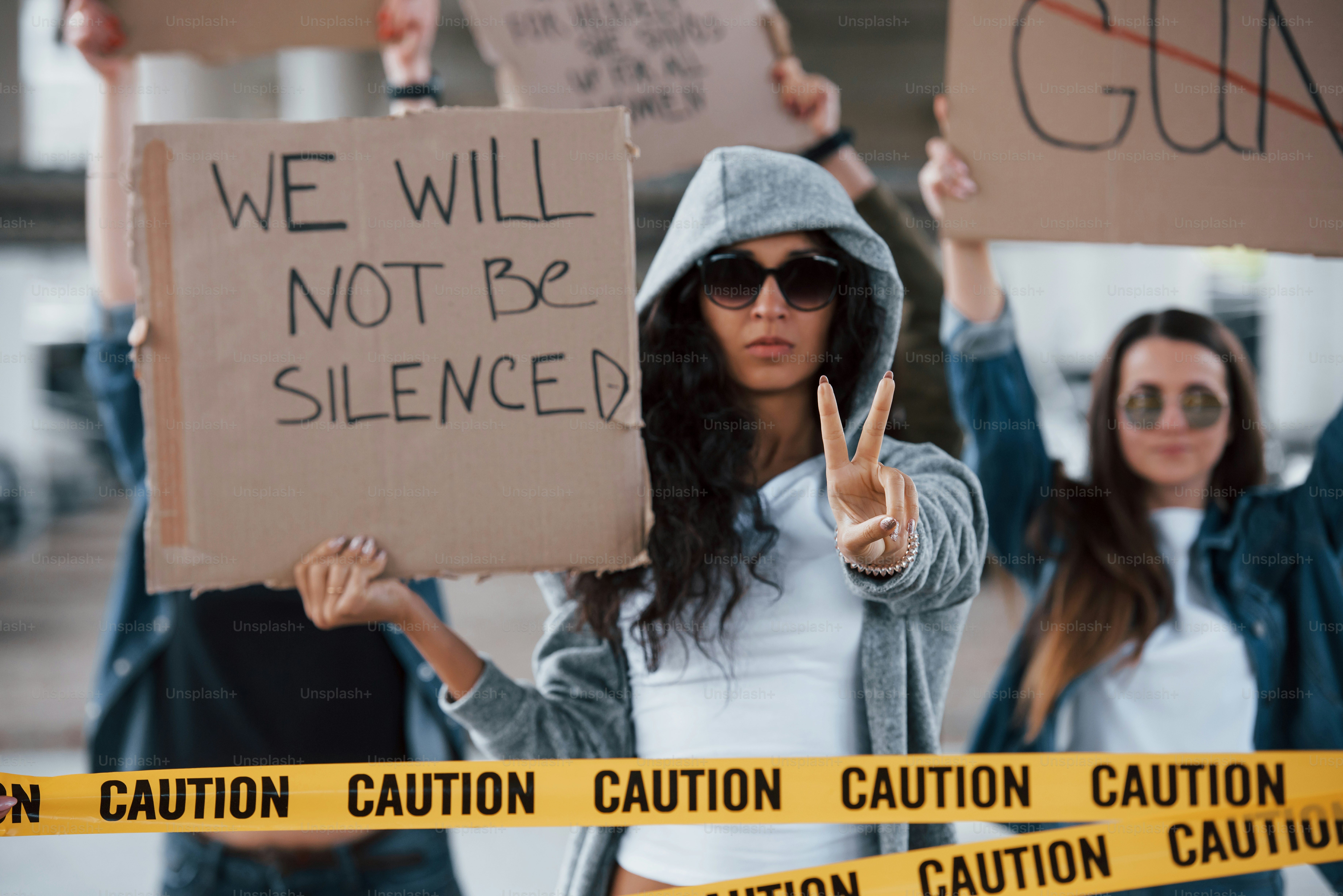 European people. Group of feminist women have protest for their rights outdoors.
