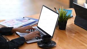 Close up view of young woman graphic designer hands typing on laptop computer.