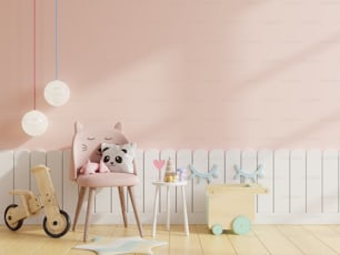 Mock-up-Wand im Kinderzimmer mit Stuhl in hellrosa Wandhintergrund, 3D-Rendering