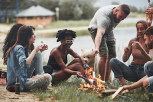 Ich möchte es versuchen. Gruppe von Leuten picknickt am Strand. Freunde haben Spaß am Wochenende.