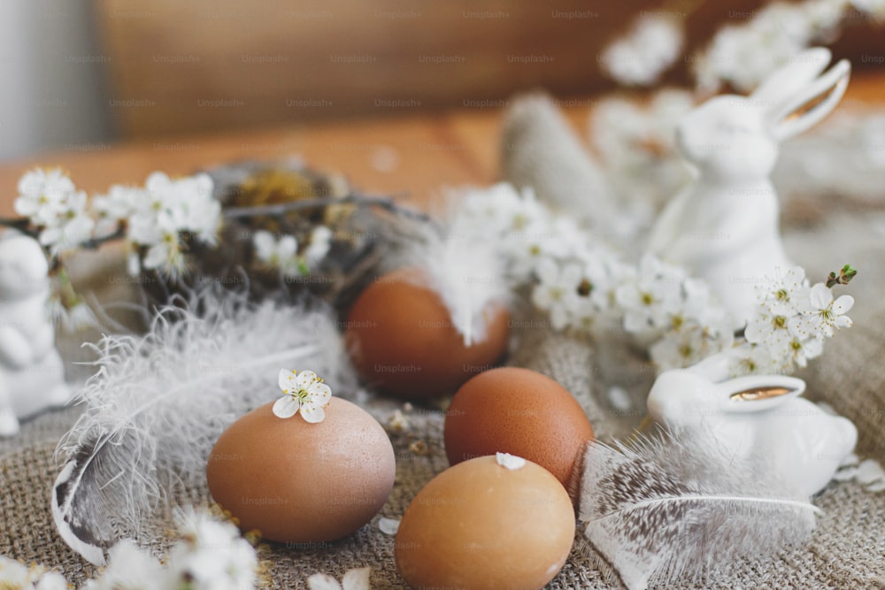 Huevos de Pascua naturales con pétalos blancos, conejitos blancos, plumas, nido y rama de cerezo en flor en servilleta de lino rústico sobre mesa. Espacio para el texto. Decoración rural ecológica, imagen suave. ¡Felices Pascuas!
