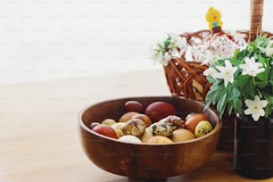 Modern natural dyed eggs, homemade Easter bread in wicker basket, bunny and blooming spring flowers on rustic table. Happy Easter. Traditional easter food for church blessing and festive dinner
