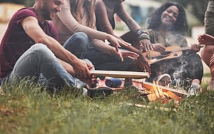 Sentirsi liberi. Un gruppo di persone fa un picnic sulla spiaggia. Gli amici si divertono nel fine settimana.