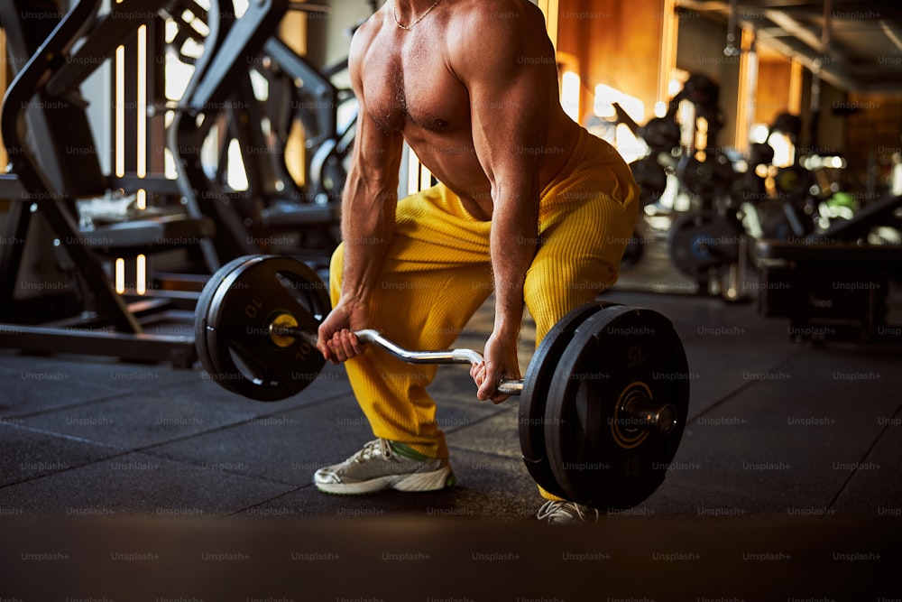 Cropped photo of a muscular shirtless man lifting weights and working out at the gym