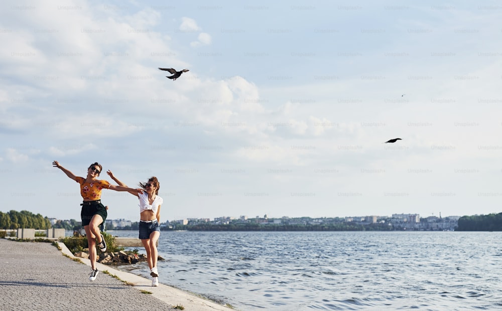 Pássaros voando no ar. Duas amigas correm e se divertem na praia perto do lago durante o dia ensolarado.