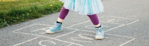 Closeup of child girl playing jumping hopscotch outdoor. Funny activity game for kids on playground. Summer backyard street sport for children. Happy childhood lifestyle. Web banner header.