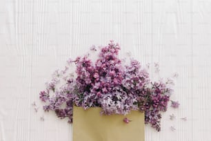 Spring lilac flowers blooming from envelope flat lay. Purple lilac in craft envelope on white wood with space for text. Floral Greeting card and flower delivery concept. Happy mothers day