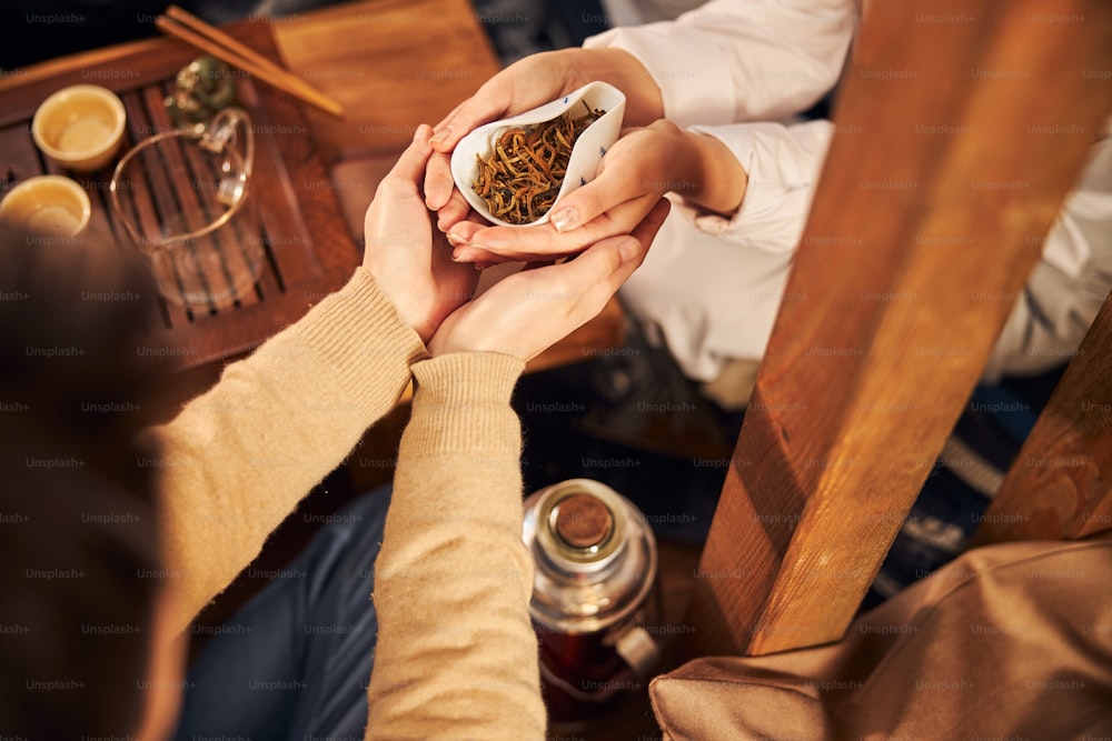 Close up do homem jovem segurando as mãos da mulher com folhas de chá secas enquanto sentado à mesa na casa de chá