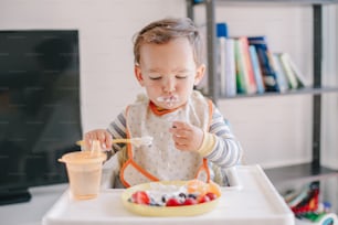 Cute Caucasian baby boy eating ripe berries and fruits with yogurt. Funny smiling child kid sitting in chair eating fresh berries and drinking water. Supplementary healthy food for toddlers, kids.