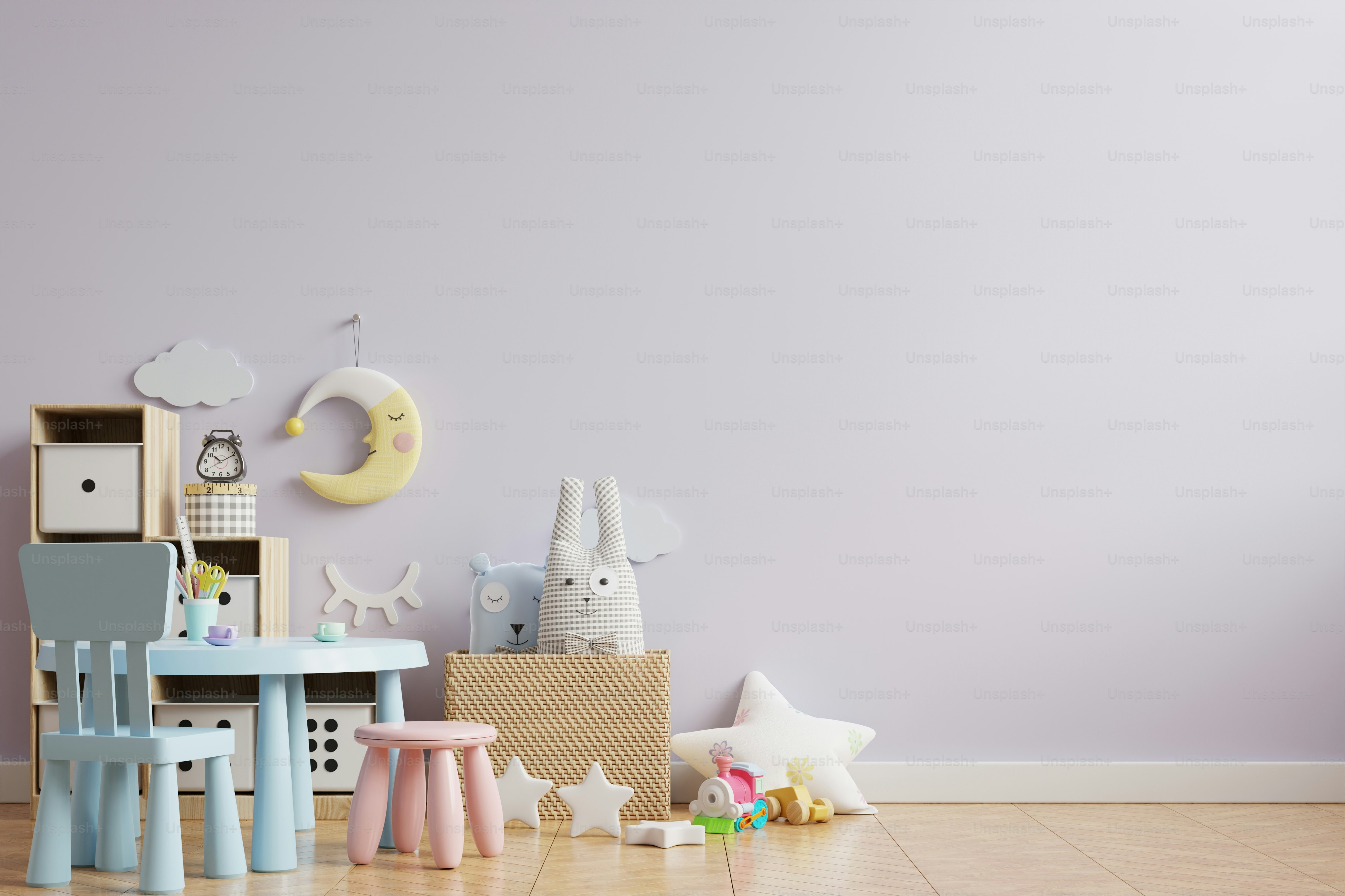 Mockup light purple color wall in the children's room On the wooden floor.3d rendering