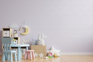 Maqueta de pared de color púrpura claro en la habitación de los niños En el piso de madera.3d renderizado