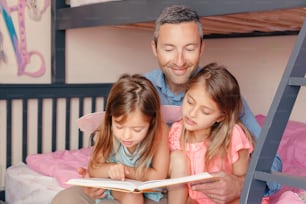 Papá leyendo un libro a las hijas de las niñas. Familia de tres personas sentadas en la cama en el dormitorio. Padre e hijos felices en casa pasando tiempo juntos. Educación y infancia de estilo de vida feliz.