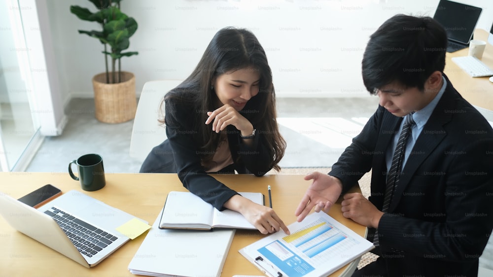 Two young business people using laptop computer and analyzing documents at office.