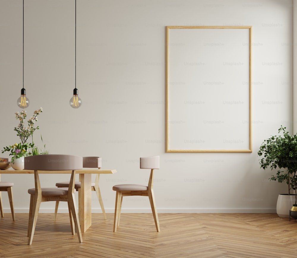 Maquete do pôster no design de interiores moderno da sala de jantar com parede vazia branca.3d renderização
