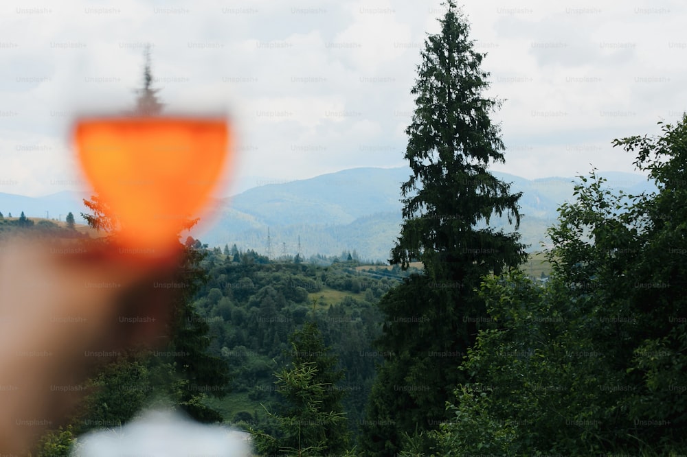 Mountains and trees on hills and blurred image of hand holding delicious orange cocktail, summer vacation and resort. Woman cheering with aperol drink, celebrating outdoors