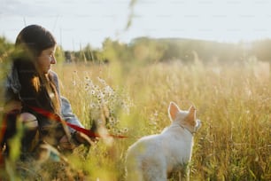 暖かい日差しの中で飼い主と一緒に夏の牧草地の草むらに座っているかわいい白い子犬。公園でリラックスしている愛らしいふわふわの子犬のスイスシェパード。養子縁組のコンセプト、忠実な友人