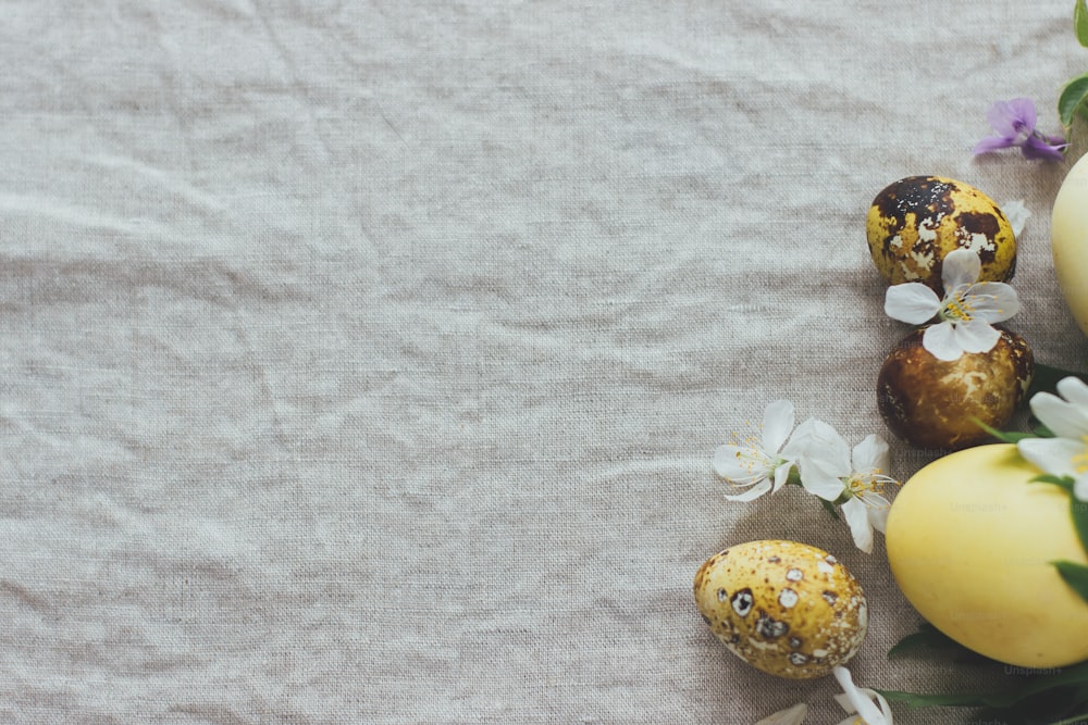 Ostereier mit Frühlingsblumen auf rustikalem Leinenhintergrund, flach gelegt mit Platz für Text. Stilvolle moderne Oster- und Wachteleier mit natürlichem Farbstoff und Frühlingsblüten. Ästhetische Jahreszeiten Grußkarte