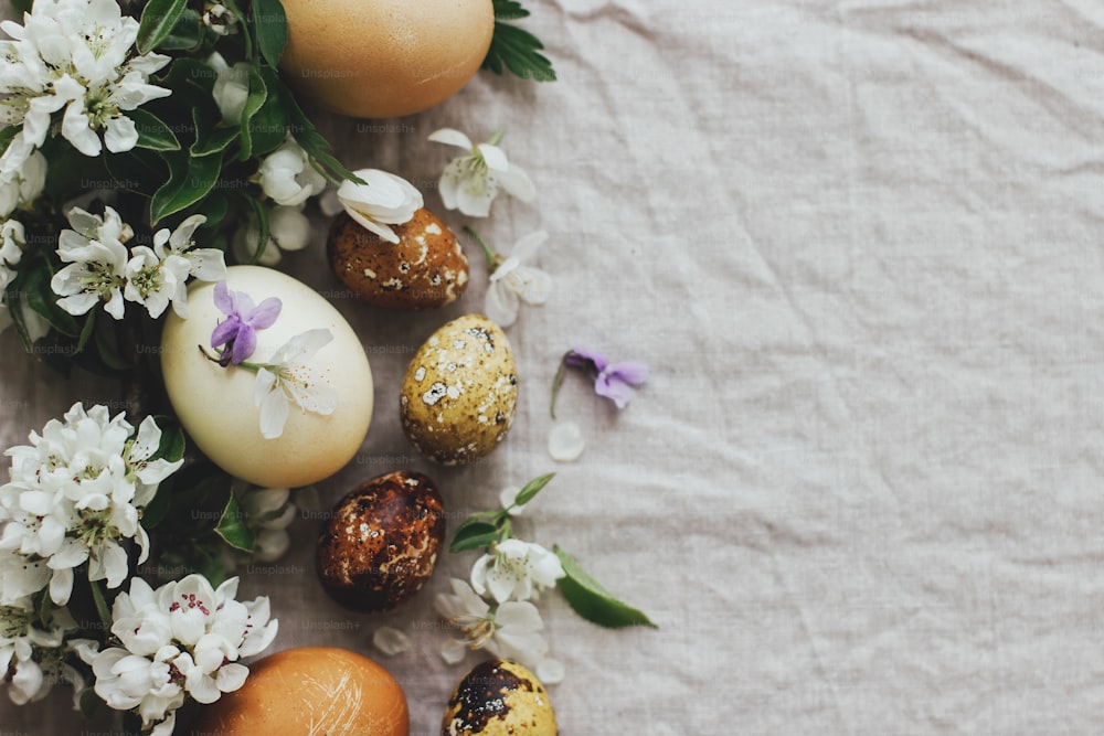 Happy Easter! Easter rustic flat lay with eggs and spring flowers on linen background with space for text. Aesthetic stylish easter eggs in natural dye and tender spring blooms and petals
