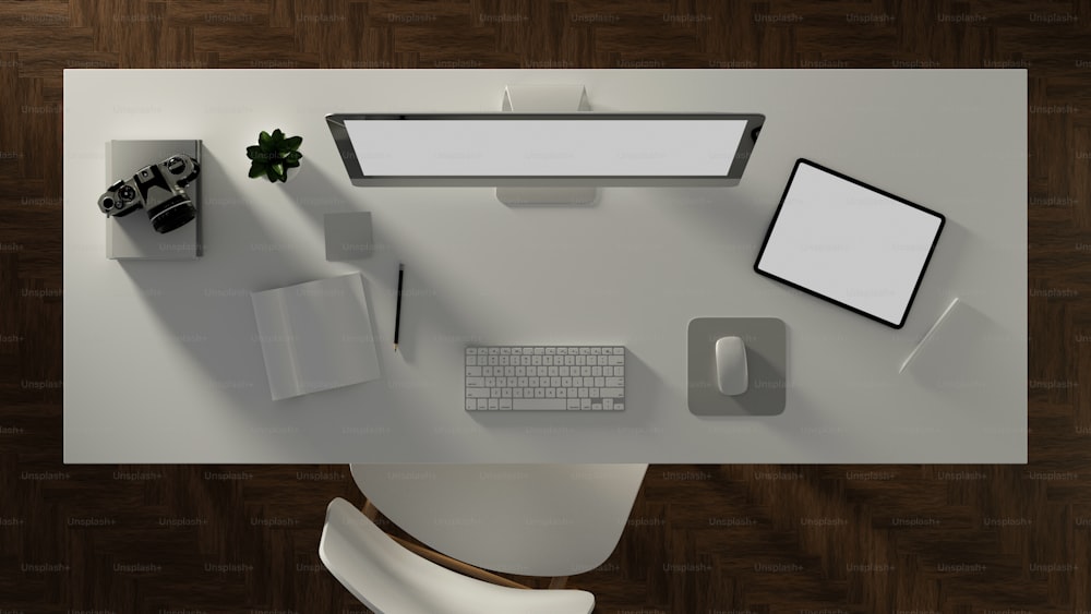 Ilustração 3D, mesa de escritório com computador, tablet, acessório e papelaria sobre a mesa, caminho de recorte, renderização 3D